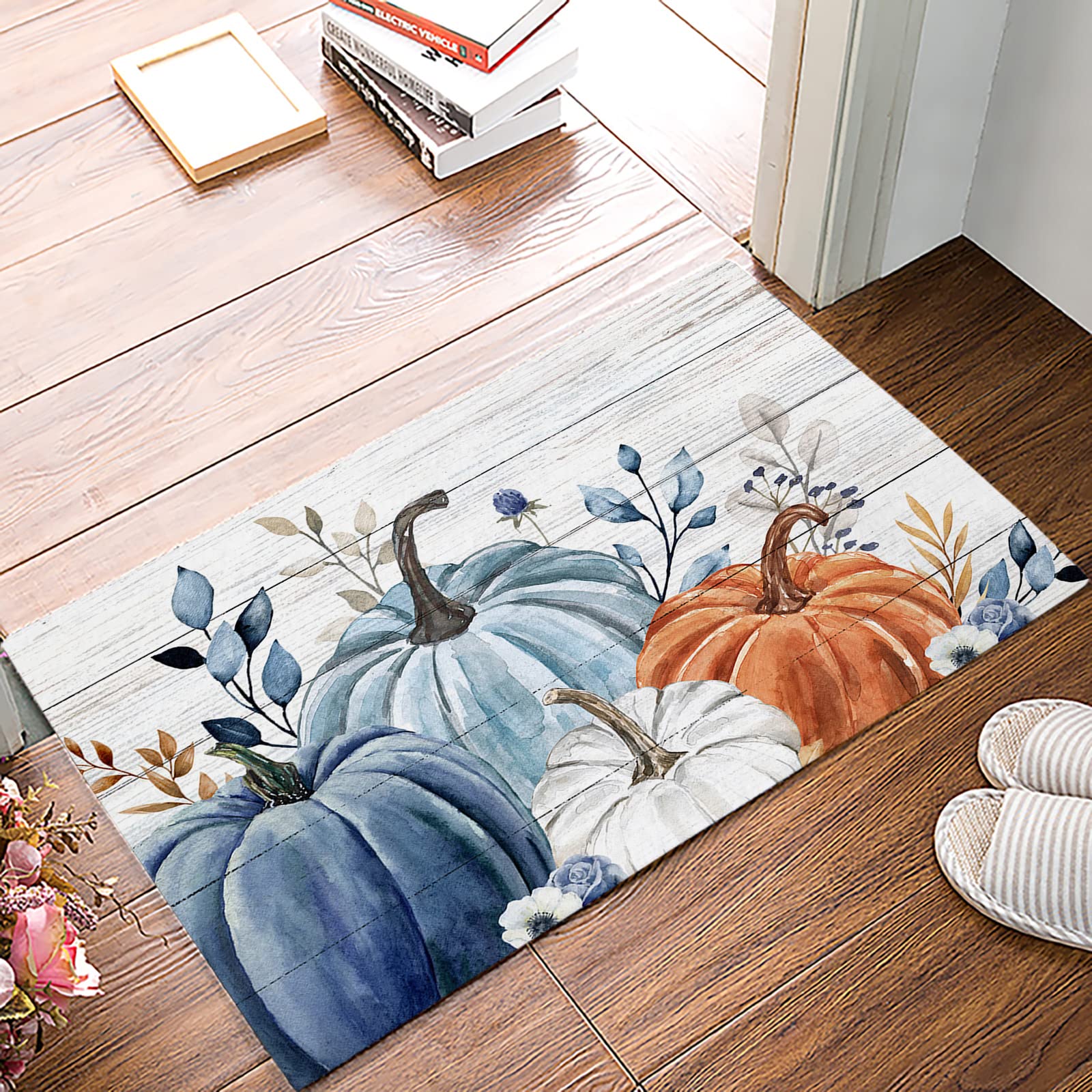 Thanksgiving Door Mat, Blue White and Orange Pumpkin Fall Welcome Mat Entrance Door Mat Non-Slip Floor Mat,Bathroom Decor Memory Foam Soft Rug Bath Mat 16X24Inch