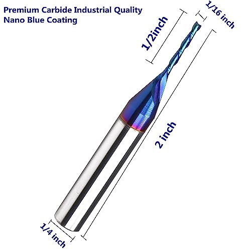 Spiral CNC Router Bits with Down Cut 1/16 inch Cutting, 1/4 inch Shank CNC Bits Solid Carbide End Mill for Wood Cut, 3D Carving Size : 1/16" X 1/2" X 1/4" X 2" HZD116 (Downcut)