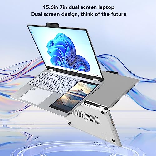 Zunate Win11 Double Screen Laptop, 15.6in IPS HD Display, 7in Handwriting Display, Quad Core Processor, 16GB RAM, Dual Band WiFi,1.9MP Webcam, Bluetooth, 180° Opening HD Laptop (16GB+256GB US Plug)