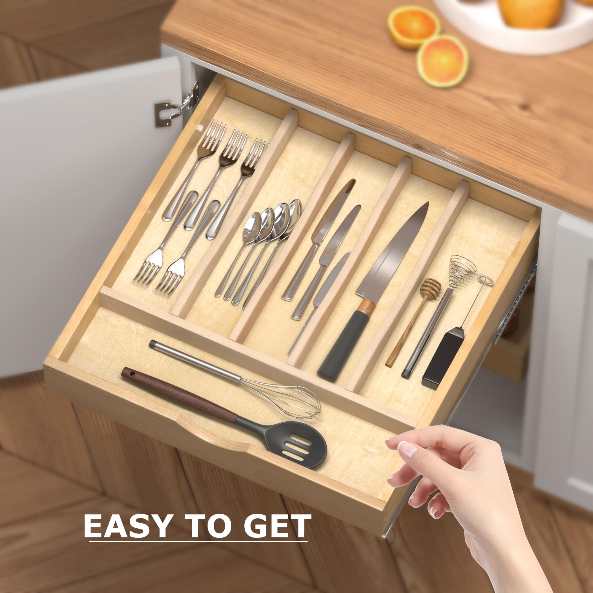 WelFurGeer Flatware Organizer for Drawer, Utensil Organizer for Kitchen Drawers, Wood Cutlery Tray Organizer in Drawer, Flatware Drawer Organizer for Silverware, Flatware in Kitchen (Natural)