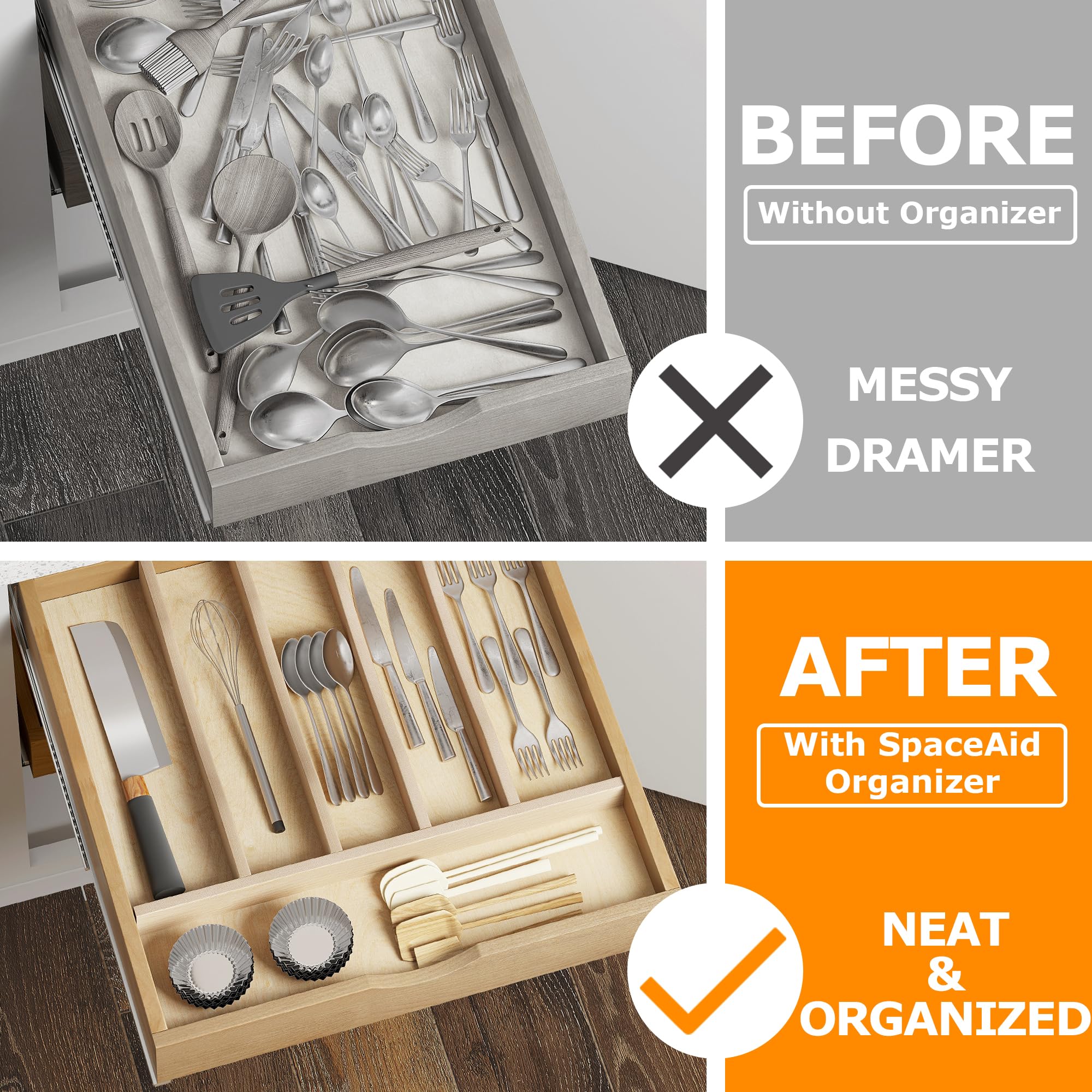 WelFurGeer Flatware Organizer for Drawer, Utensil Organizer for Kitchen Drawers, Wood Cutlery Tray Organizer in Drawer, Flatware Drawer Organizer for Silverware, Flatware in Kitchen (Natural)