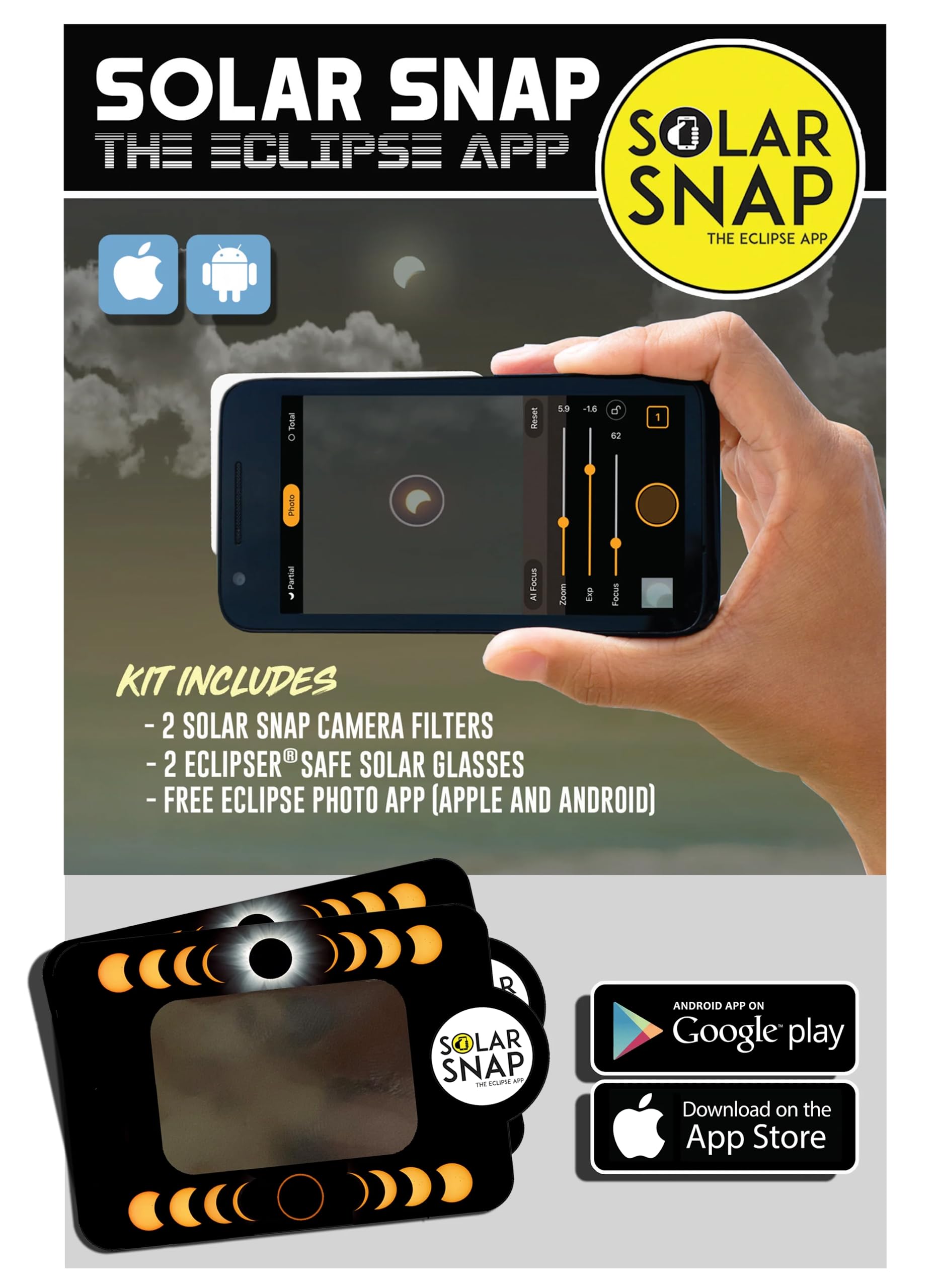 Solar Snap Eclipse App - Eclipse Photography Kit, Glasses, and App for iPhone and Android, Safe for Viewing Celestial Phenomenon