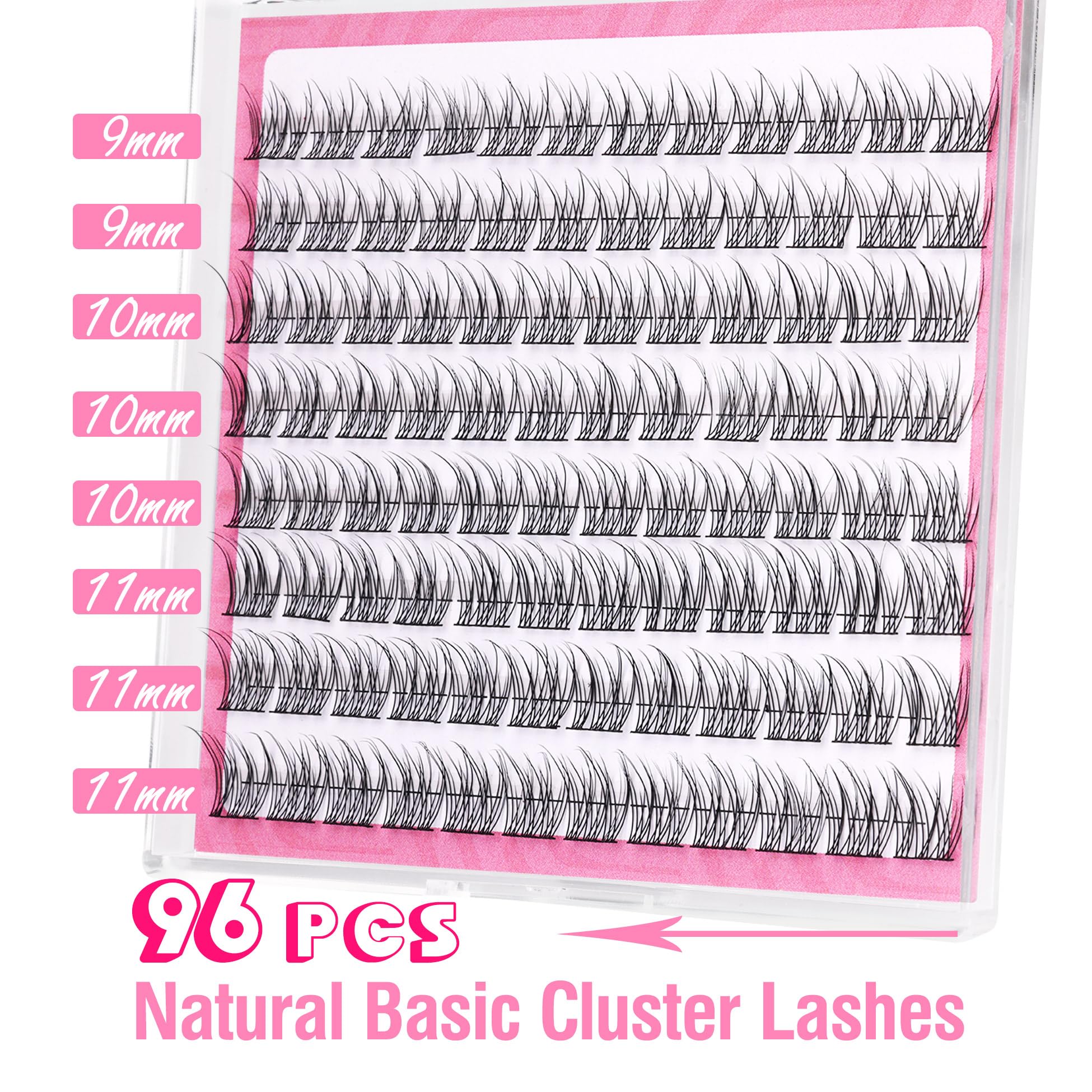 Natural Cluster Lashes Wispy CC Curl 9-11MM Mixed Lengths Eyelash Extension Individual 96 Pcs DIY Lash Extension at Home