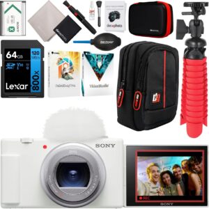 sony zv-1 ii vlog camera with 4k video & 20.1mp for content creators and vloggers white zv-1m2/w bundle with deco gear case + 64gb memory card + grip/tripod 2 in 1 + software + accessories kit