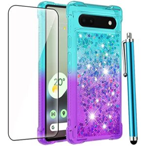 CAIYUNL for Google Pixel 7a Case with Screen Protector, Glitter Bling Floating Liquid Women Girls Soft TPU Slim Cute Phone Case Shockproof Protective Cover for Google Pixel 7a (2023)-Blue/Purple