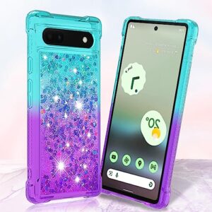 CAIYUNL for Google Pixel 7a Case with Screen Protector, Glitter Bling Floating Liquid Women Girls Soft TPU Slim Cute Phone Case Shockproof Protective Cover for Google Pixel 7a (2023)-Blue/Purple
