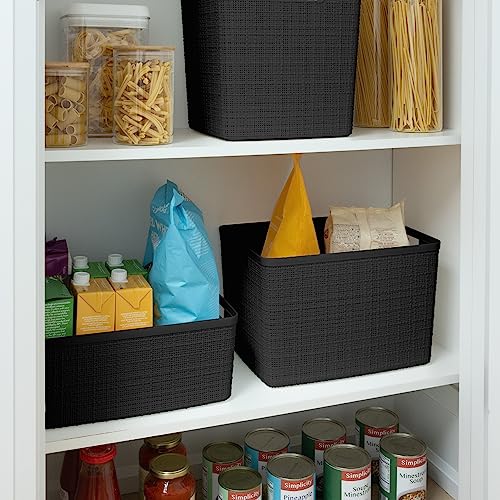 Curver Jute Large Decorative Plastic Organization and Storage Baskets, Perfect Bins for Home Office, Closet Shelves, Kitchen Pantry and All Bedroom Essentials, Pack of 4, Black