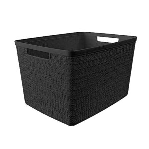 Curver Jute Large Decorative Plastic Organization and Storage Baskets, Perfect Bins for Home Office, Closet Shelves, Kitchen Pantry and All Bedroom Essentials, Pack of 4, Black
