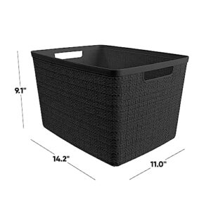 Curver Jute Large Decorative Plastic Organization and Storage Baskets, Perfect Bins for Home Office, Closet Shelves, Kitchen Pantry and All Bedroom Essentials, Pack of 4, Black