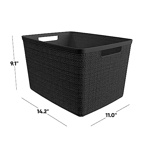 Curver Jute Large Decorative Plastic Organization and Storage Baskets, Perfect Bins for Home Office, Closet Shelves, Kitchen Pantry and All Bedroom Essentials, Pack of 4, Black