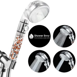 (official) shower envy shower head by ecowater nortex - filtered showerhead, eco powder high pressure water softener with on/off switch and ionic beads for dry skin & hair - 3 spray settings
