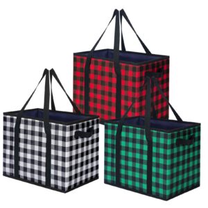 windyun 3 pcs christmas collapsible reusable shopping box grocery bag set with reinforced bottom large plaid holiday xmas tote bags design storage boxes bins cubes, 3 styles
