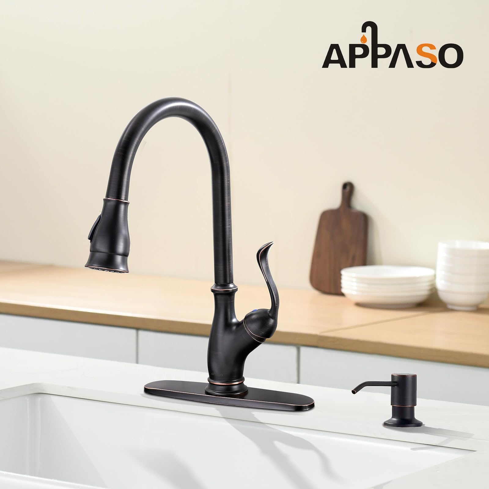 APPASO Oil Rubbed Bronze Kitchen Faucet, Solid Brass Kitchen Faucet with Soap Dispenser Bronze, High Arch Single Handle Kitchen Sink Faucet with Pull Down Sprayer, Optional Deck Plate