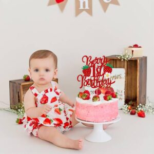 1 PCS Berry 1st Birthday Cake Topper with Flower Glitter Sweet Fruit Theme First Birthday Strawberry One Cake Pick for Strawberry Theme Baby Shower Kids 1st Birthday Party Cake Decorations Supplies