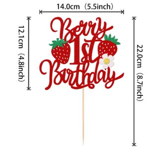 1 PCS Berry 1st Birthday Cake Topper with Flower Glitter Sweet Fruit Theme First Birthday Strawberry One Cake Pick for Strawberry Theme Baby Shower Kids 1st Birthday Party Cake Decorations Supplies