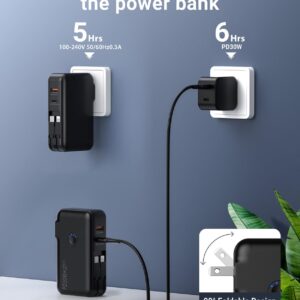 Portable Charger, Power Bank, 16000mAh Power Bank Built-in AC Wall Plug and Cables, PD 30W and QC4.0 Fast Charger for iPhone and Android Phones and Most Electronic Devices (Black)