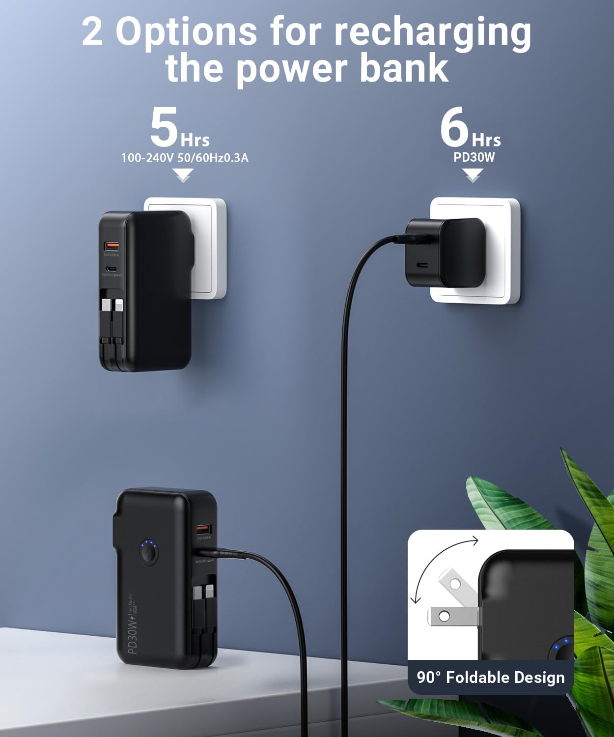 Portable Charger, Power Bank, 16000mAh Power Bank Built-in AC Wall Plug and Cables, PD 30W and QC4.0 Fast Charger for iPhone and Android Phones and Most Electronic Devices (Black)