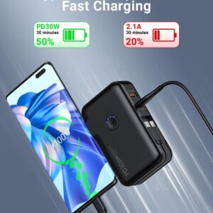 Portable Charger, Power Bank, 16000mAh Power Bank Built-in AC Wall Plug and Cables, PD 30W and QC4.0 Fast Charger for iPhone and Android Phones and Most Electronic Devices (Black)