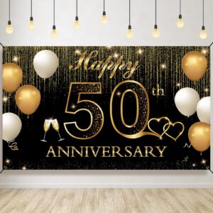 htdzzi golden 50th wedding anniversary decorations, happy 50th anniversary banner backdrop, 50 year wedding anniversary party decorations yard sign photo props decor supplies for outdoor indoor