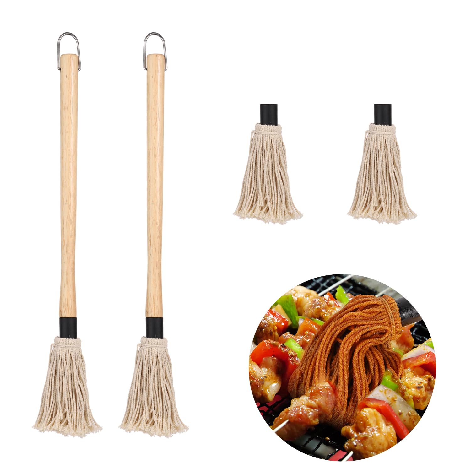 2pcs Grill Basting Mops with 2pcs Extra Replacement Brushes, 18 inch Barbecue Mop Brush BBQ Sauce Basting Mops Oil Brush Basting Mops for Roasting or Grilling, Smoking, Steak