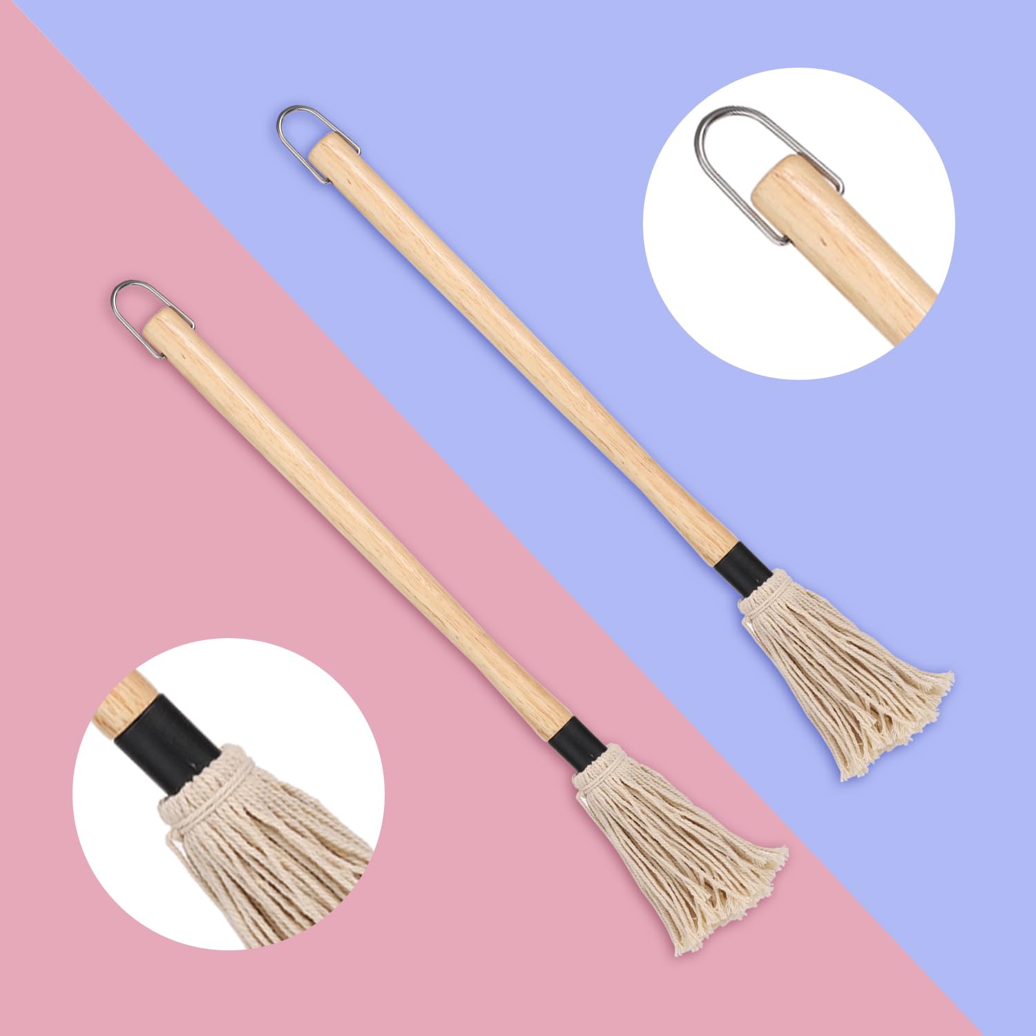 2pcs Grill Basting Mops with 2pcs Extra Replacement Brushes, 18 inch Barbecue Mop Brush BBQ Sauce Basting Mops Oil Brush Basting Mops for Roasting or Grilling, Smoking, Steak