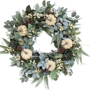 Fall Winter Thanksgiving Front Door Wreath, Winter Wreaths Autumn Flower Harvest Porch Wall Decor Artificial Orange Wreaths Garden Garland Farmhouse Decorations Pinecones Greeen Eucalyptus Foliage