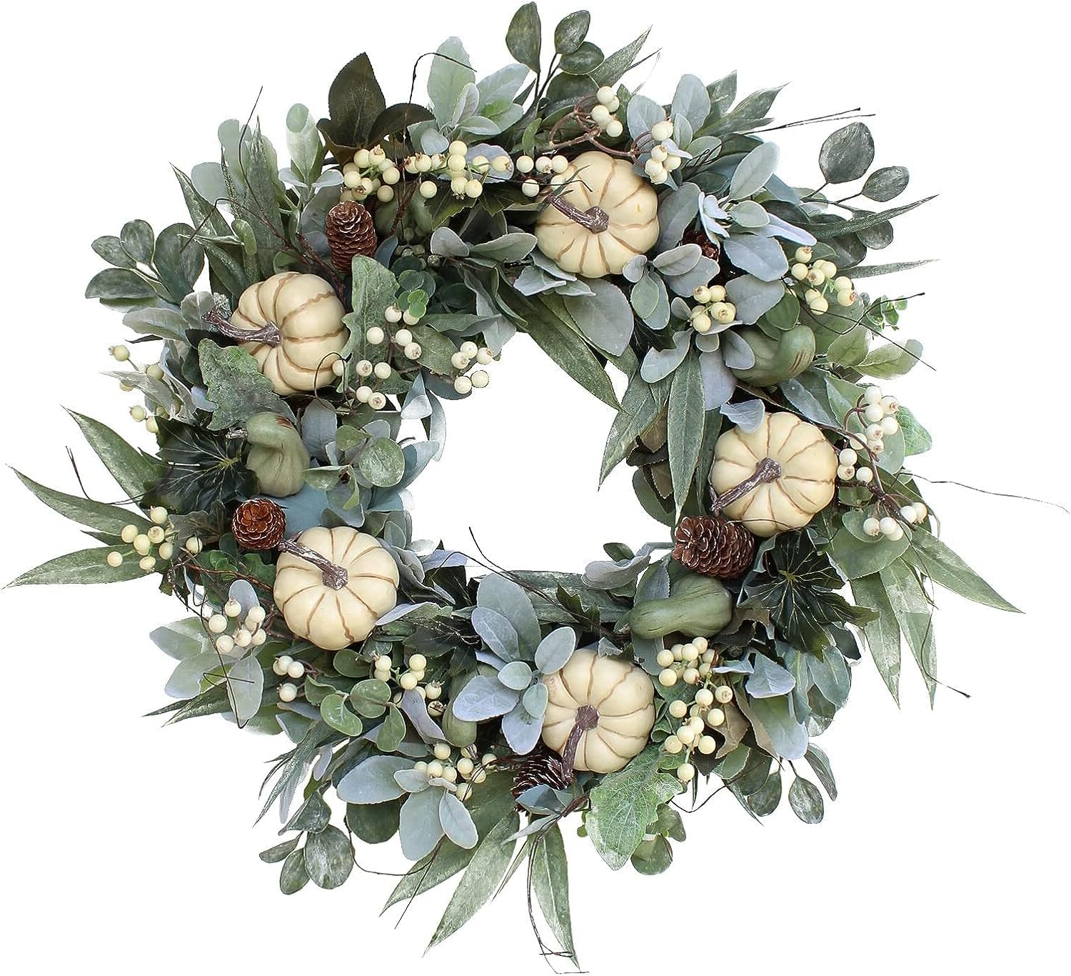 Fall Winter Thanksgiving Front Door Wreath, Winter Wreaths Autumn Flower Harvest Porch Wall Decor Artificial Orange Wreaths Garden Garland Farmhouse Decorations Pinecones Greeen Eucalyptus Foliage