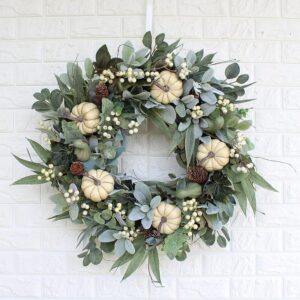 Fall Winter Thanksgiving Front Door Wreath, Winter Wreaths Autumn Flower Harvest Porch Wall Decor Artificial Orange Wreaths Garden Garland Farmhouse Decorations Pinecones Greeen Eucalyptus Foliage