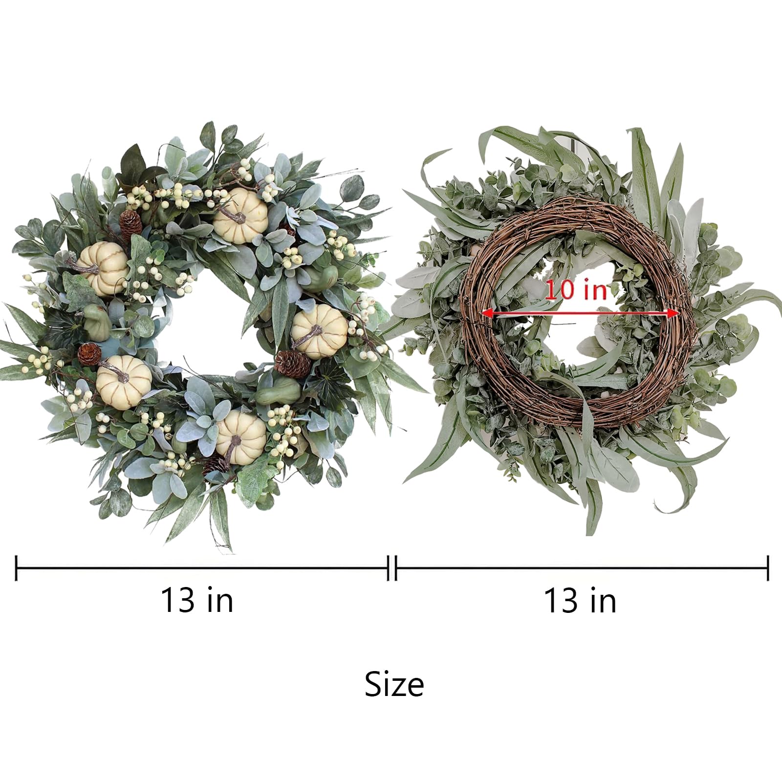 Fall Winter Thanksgiving Front Door Wreath, Winter Wreaths Autumn Flower Harvest Porch Wall Decor Artificial Orange Wreaths Garden Garland Farmhouse Decorations Pinecones Greeen Eucalyptus Foliage