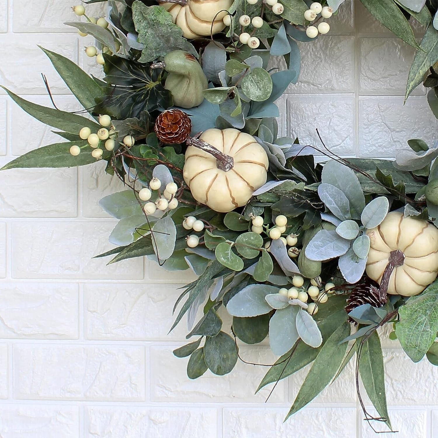 Fall Winter Thanksgiving Front Door Wreath, Winter Wreaths Autumn Flower Harvest Porch Wall Decor Artificial Orange Wreaths Garden Garland Farmhouse Decorations Pinecones Greeen Eucalyptus Foliage