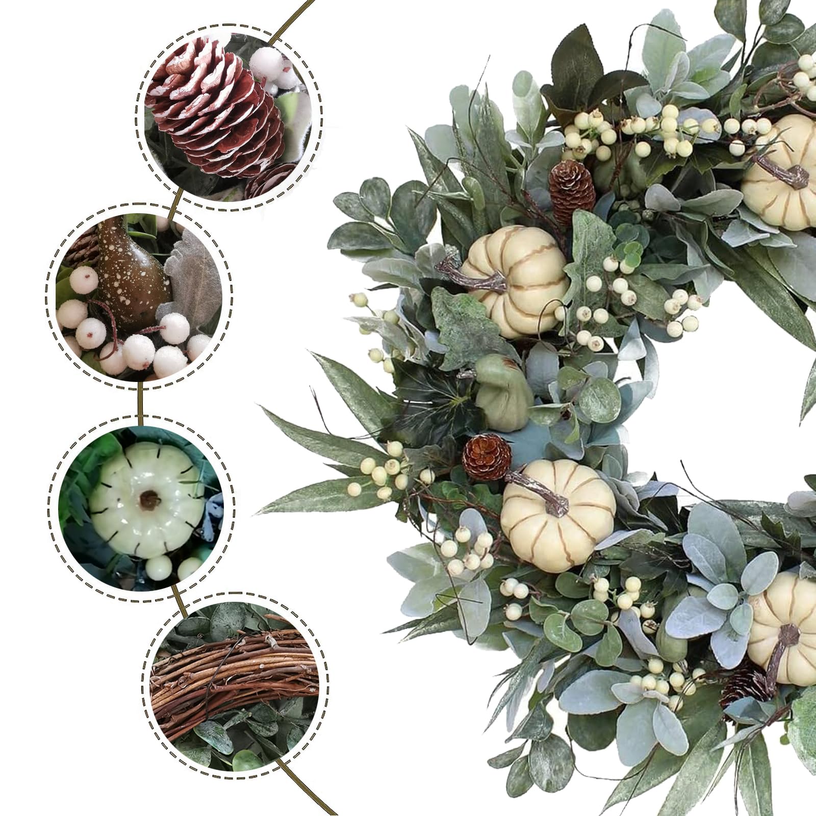 Fall Winter Thanksgiving Front Door Wreath, Winter Wreaths Autumn Flower Harvest Porch Wall Decor Artificial Orange Wreaths Garden Garland Farmhouse Decorations Pinecones Greeen Eucalyptus Foliage