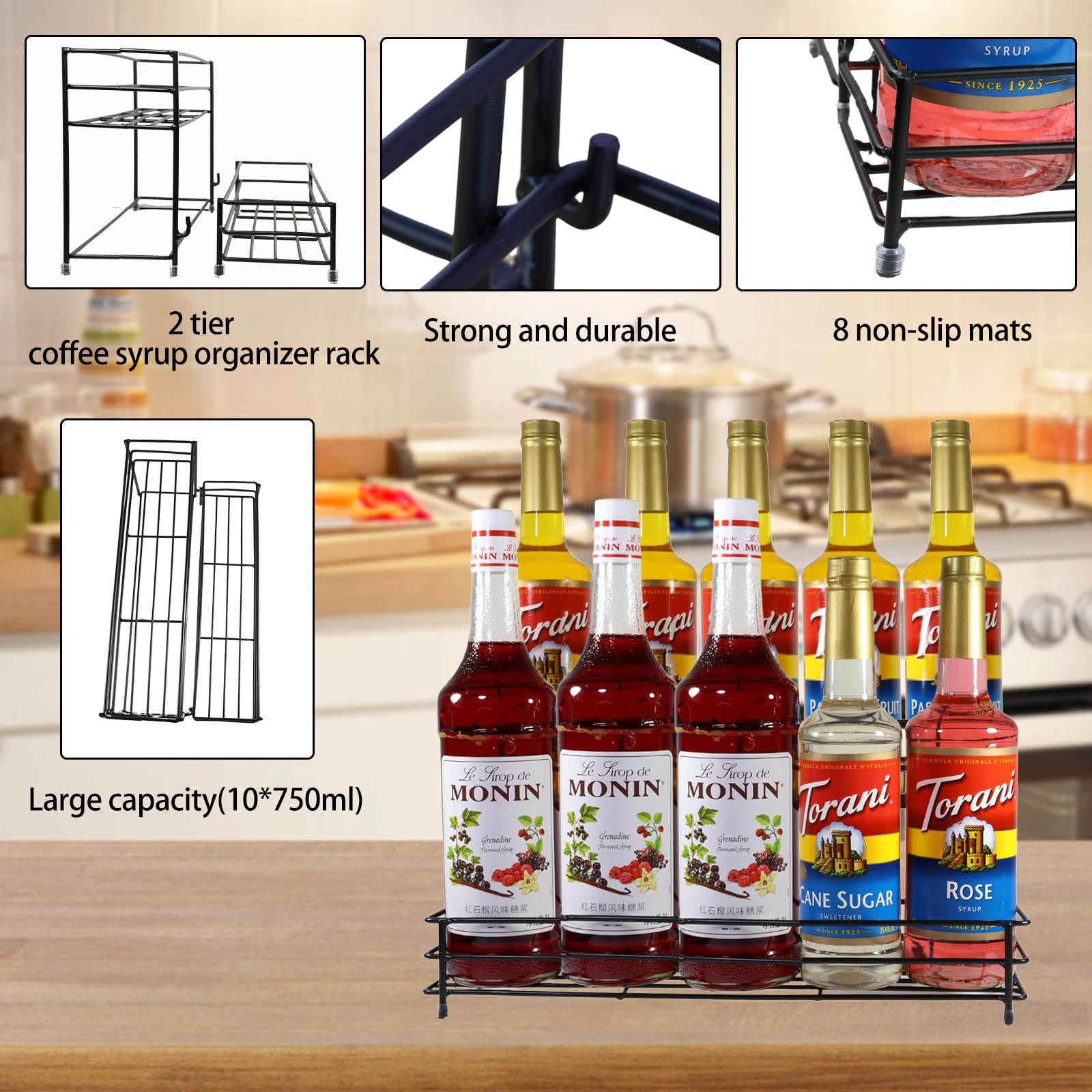 Coffee Syrup Organizer Rack, 2 Tier Coffee Syrup Stand Holder for Coffee Bar, 10 Bottles Wine Bottle Holder, Coffee Station Organizer Storage Shelf for Cocktail, Dressing, Coffee Bar Accessories