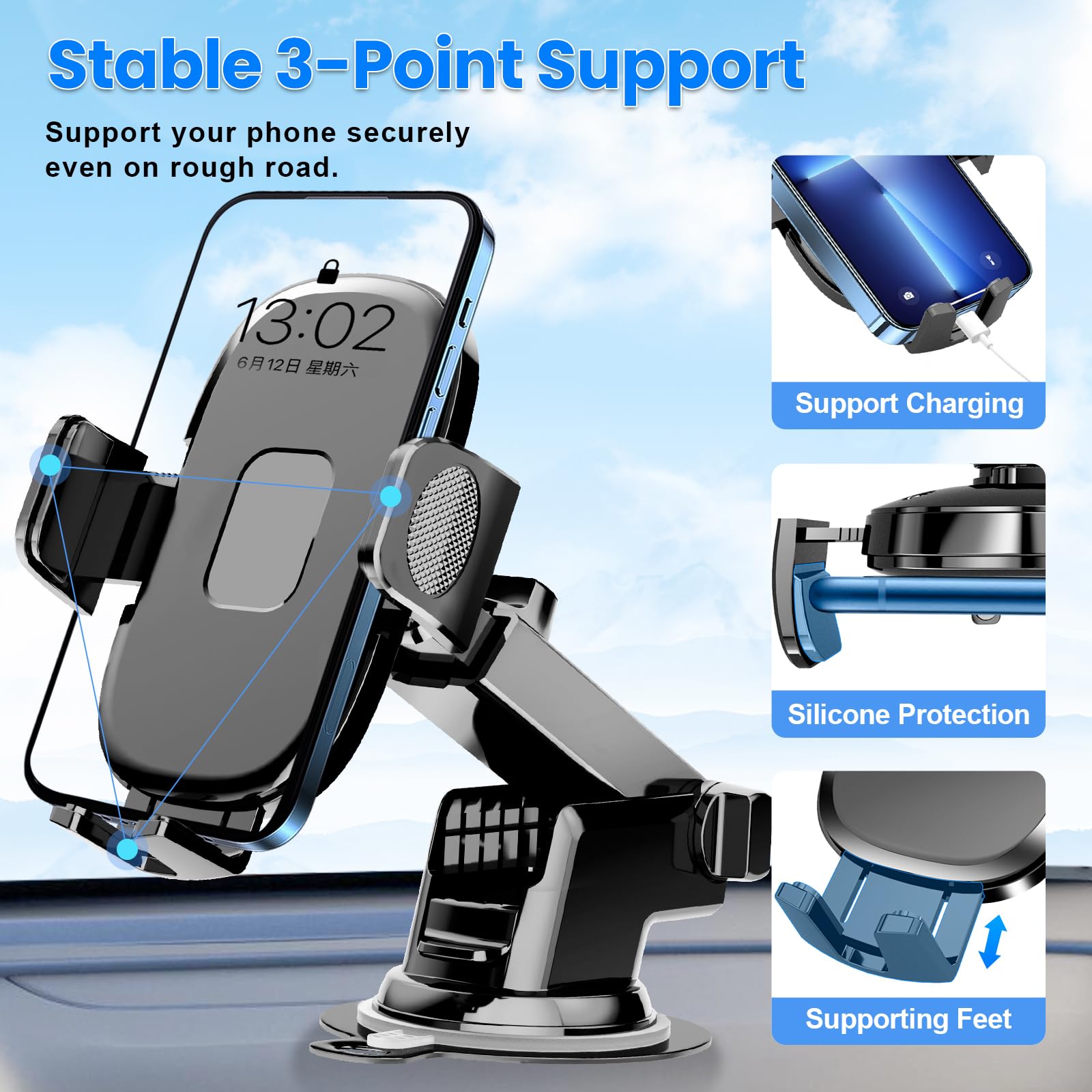 TAPMEI Car Phone Holder [Military-Grade Suction Cup] Universal Phone Mount for Car Dashboard Windshield Fit for Smartphones (Black)