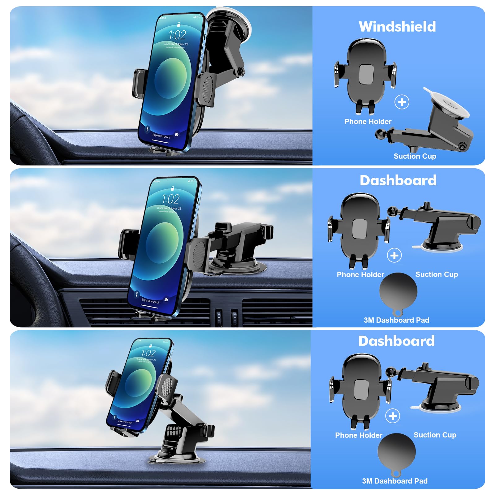 TAPMEI Car Phone Holder [Military-Grade Suction Cup] Universal Phone Mount for Car Dashboard Windshield Fit for Smartphones (Black)