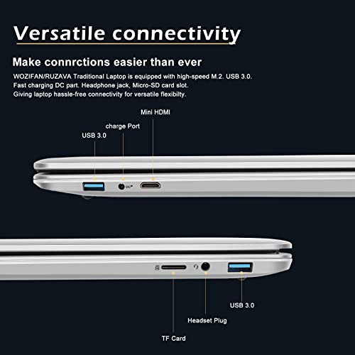 WOZIFAN 14" Laptop 6GB RAM 128GB SSD Support 1TB SSD Expansion Traditional Laptops Win 11 2.4G+5G WiFi Bluetooth 4.2 USB HDMI 1920x1080 FHD with Wireless Mouse for Work Study Entertainment-Silver