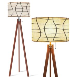 wood tripod floor lamp abstract seamless black curved lines a white image modern standing lamp linen lampshade dimmable tall lamp mid century floor lamp for living room bedroom