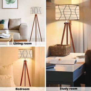 Wood Tripod Floor Lamp Abstract Seamless Black Curved Lines a White Image Modern Standing Lamp Linen Lampshade Dimmable Tall Lamp Mid Century Floor Lamp for Living Room Bedroom