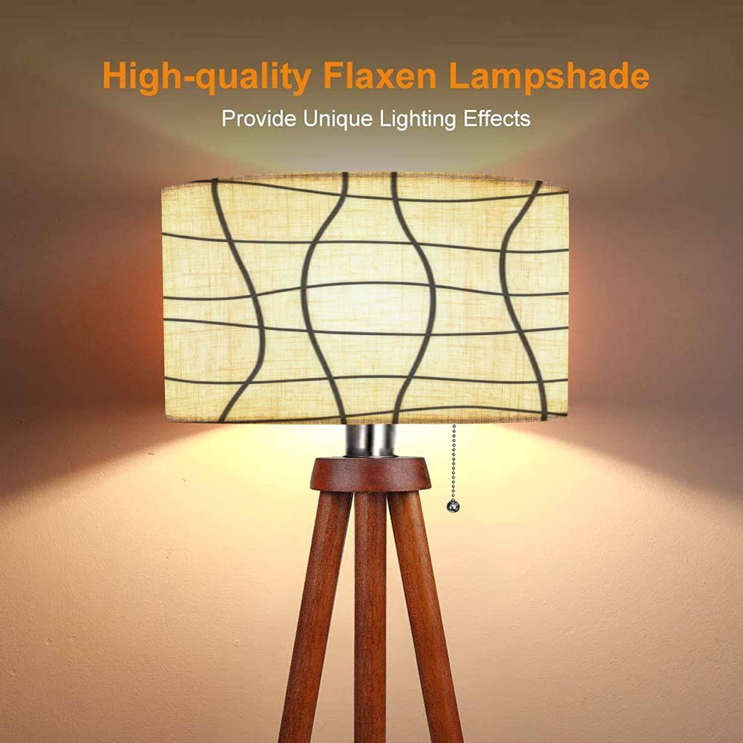 Wood Tripod Floor Lamp Abstract Seamless Black Curved Lines a White Image Modern Standing Lamp Linen Lampshade Dimmable Tall Lamp Mid Century Floor Lamp for Living Room Bedroom