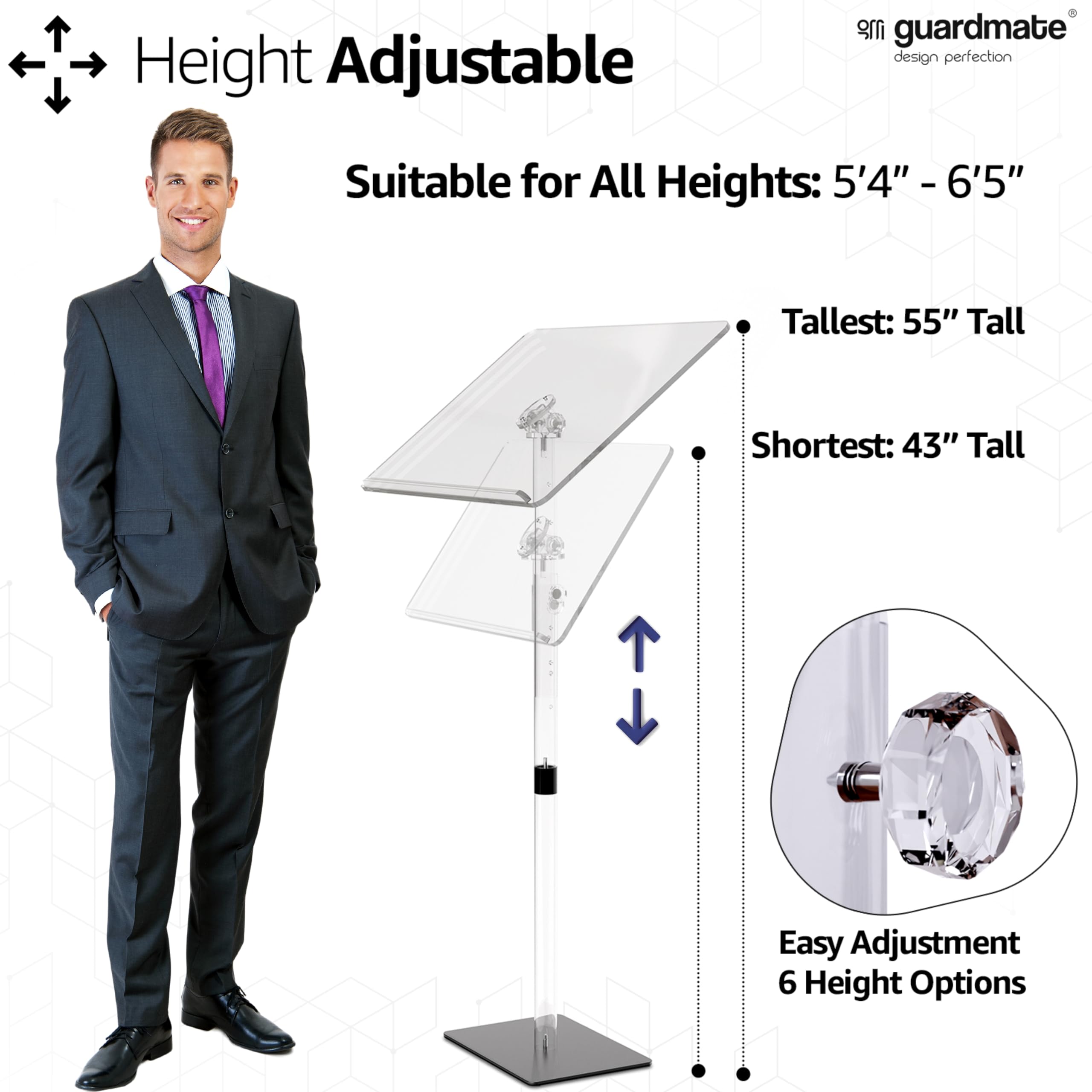 Ultra Clear Acrylic Pulpit Podium Stand | Modern Portable Pulpits for Churches Pastors Modern School Classroom Lecterns | Music Wedding Event Reception (Height Adjustable-24'X16')