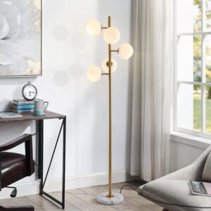 BOKT Gold Mid Century Modern Floor Lamp 5-Lights Glass Globe Floor Lamp Antique Brass Floor Lamps Contemporary Tall Free Standing Reading Lamp for Bedroom Living Room