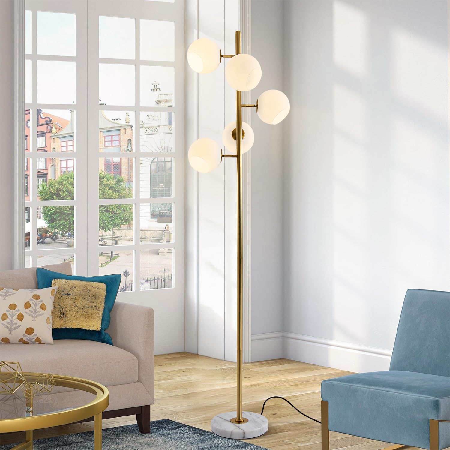 BOKT Gold Mid Century Modern Floor Lamp 5-Lights Glass Globe Floor Lamp Antique Brass Floor Lamps Contemporary Tall Free Standing Reading Lamp for Bedroom Living Room