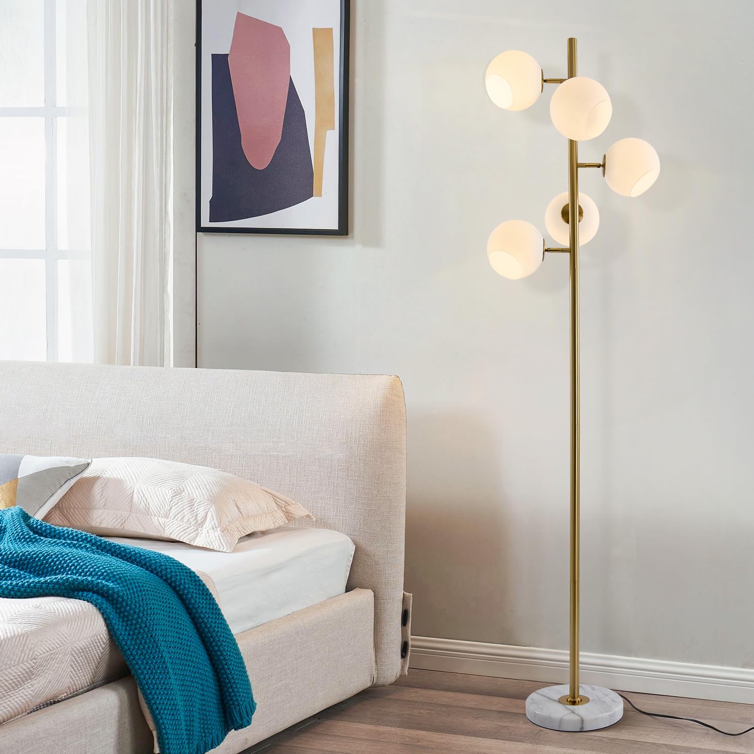 BOKT Gold Mid Century Modern Floor Lamp 5-Lights Glass Globe Floor Lamp Antique Brass Floor Lamps Contemporary Tall Free Standing Reading Lamp for Bedroom Living Room