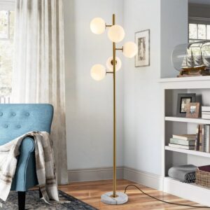 BOKT Gold Mid Century Modern Floor Lamp 5-Lights Glass Globe Floor Lamp Antique Brass Floor Lamps Contemporary Tall Free Standing Reading Lamp for Bedroom Living Room