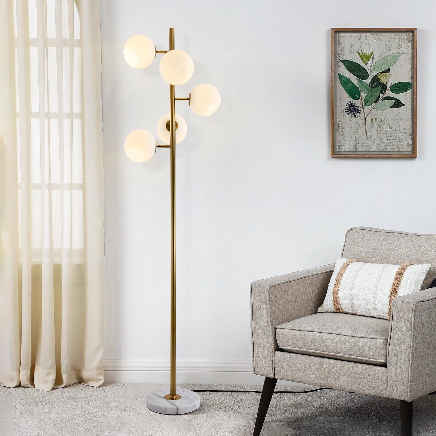 BOKT Gold Mid Century Modern Floor Lamp 5-Lights Glass Globe Floor Lamp Antique Brass Floor Lamps Contemporary Tall Free Standing Reading Lamp for Bedroom Living Room