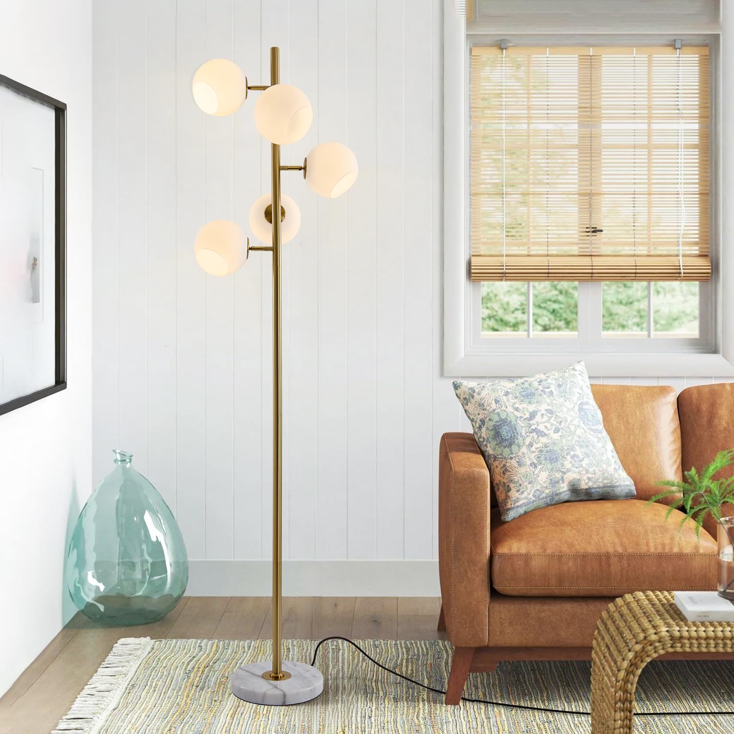 BOKT Gold Mid Century Modern Floor Lamp 5-Lights Glass Globe Floor Lamp Antique Brass Floor Lamps Contemporary Tall Free Standing Reading Lamp for Bedroom Living Room