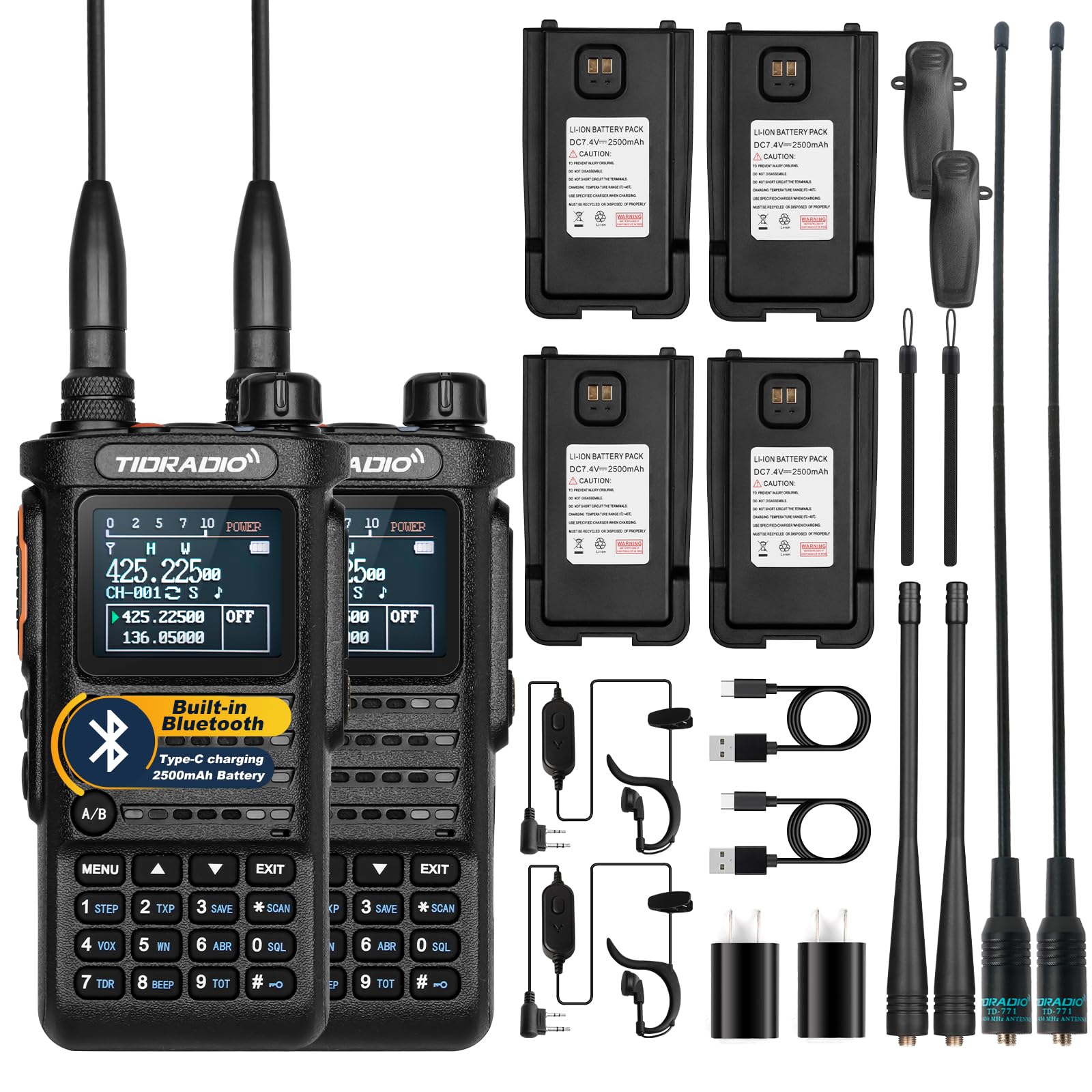 (2nd Gen) TIDRADIO H8 GMRS Handheld Radio with Bluetooth Programming Repeater Capable Dual Band Long Range Two Way Radios Walkie Talkies with 4PCS Batteries 771 Long Antenna & Earpiece- 2Pack Full Kit