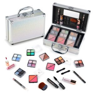 color nymph beginner makeup kits for teens with train case included full makeup kit eyeshadow palette blushes bronzer highlighter lipstick brushes mirror (silver)