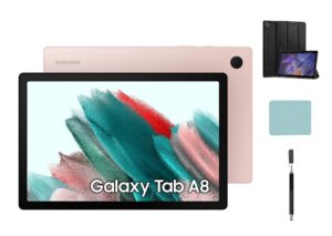 samsung galaxy tab a8 android wifi tablet, 10.5'' touchscreen (1920x1200) lcd screen, 32gb storage, bluetooth, android 11 os, pink gold with accessories
