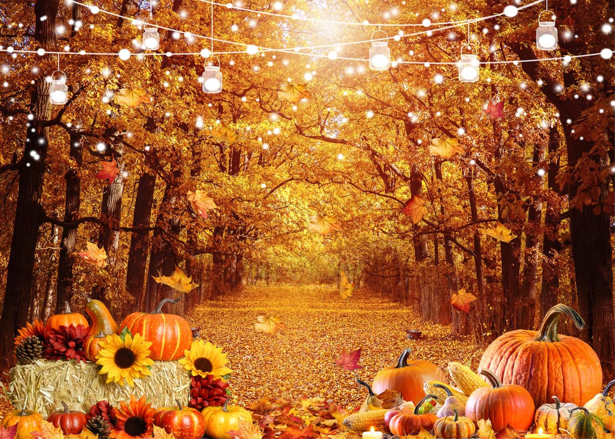 SJOLOON Fall Photo Backdrop Golden Fallen Leaves Autumn Backdrop Pumpkin Thanksgiving Background for Party Decoration Photoshoot 12591 (7x5FT)