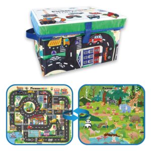 picassotiles 2pk storage bin toy box & playmat with foldable & collapsible reversible car and animal theme car trunk organizer travel portable tote education learning kit boys girls ages 3 & up pta32